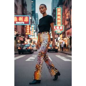 Tesoro Moda multicolored animal print size 1X fly zipper fit flare bell bottoms